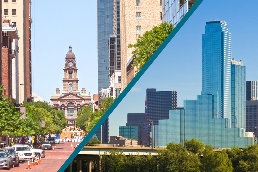 Split skyline of Dallas and Fort Worth